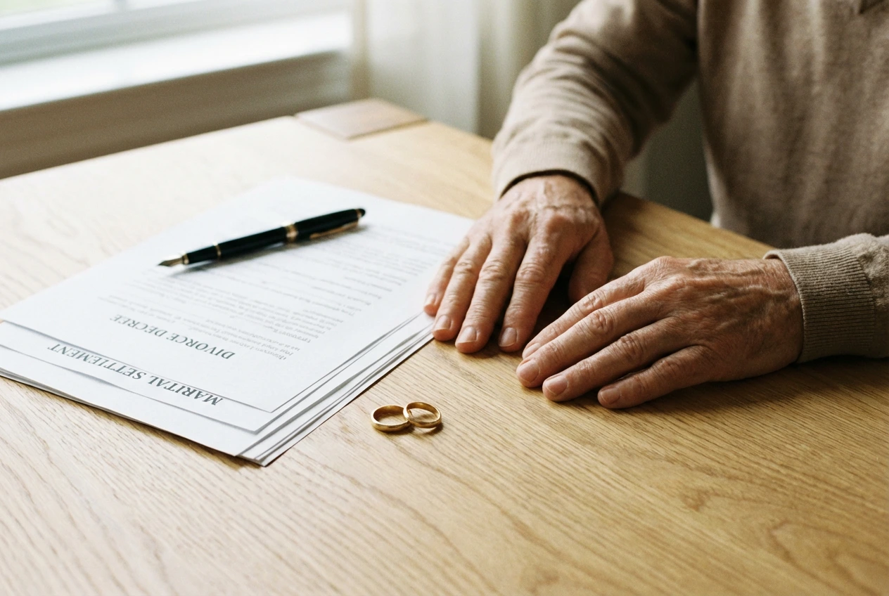 Documenti di accordo di divorzio consensuale su una scrivania con fedi nuziali e una penna