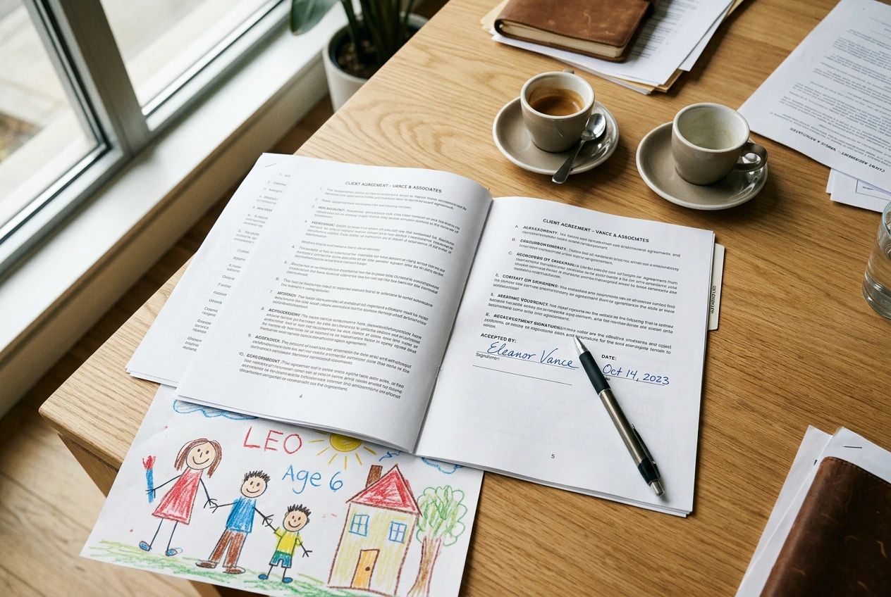 Documenti legali di separazione con disegno di bambino e caffè sulla scrivania