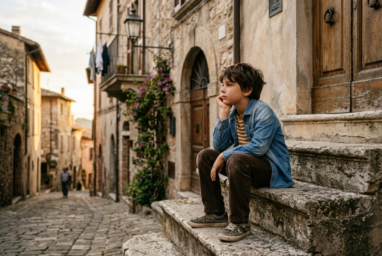 Bambino seduto su gradini di un palazzo italiano, pensieroso