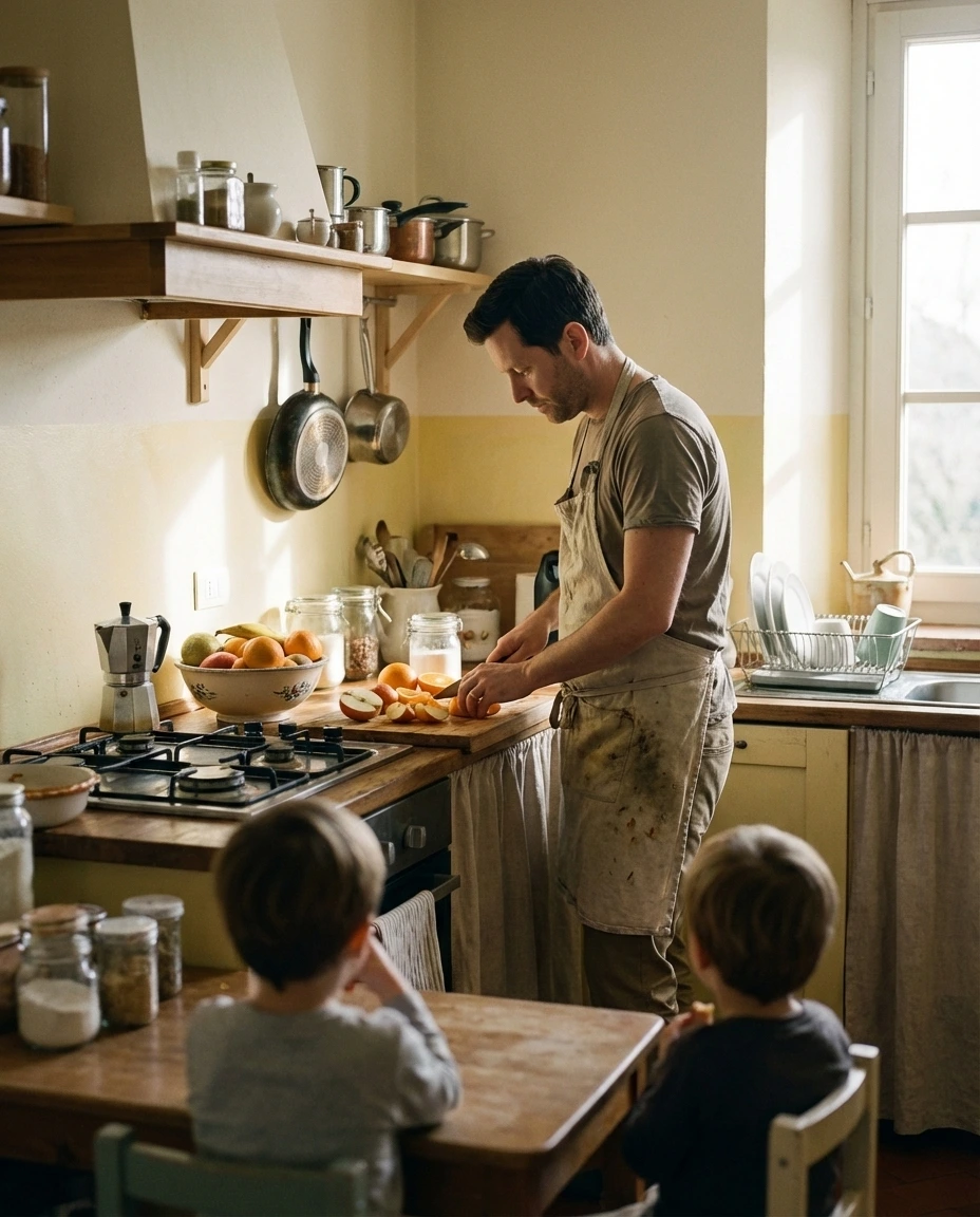 Padre prepara la merenda ai due figli in cucina italiana, esempio di accudimento quotidiano paterno valorizzato dalla Cassazione