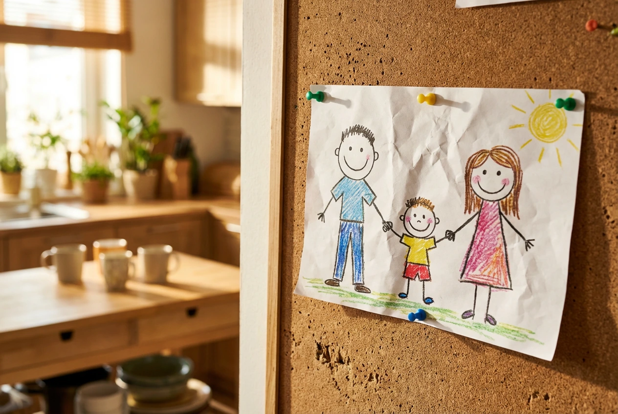 Disegno a pastello di un bambino che raffigura una famiglia appeso a una bacheca di sughero