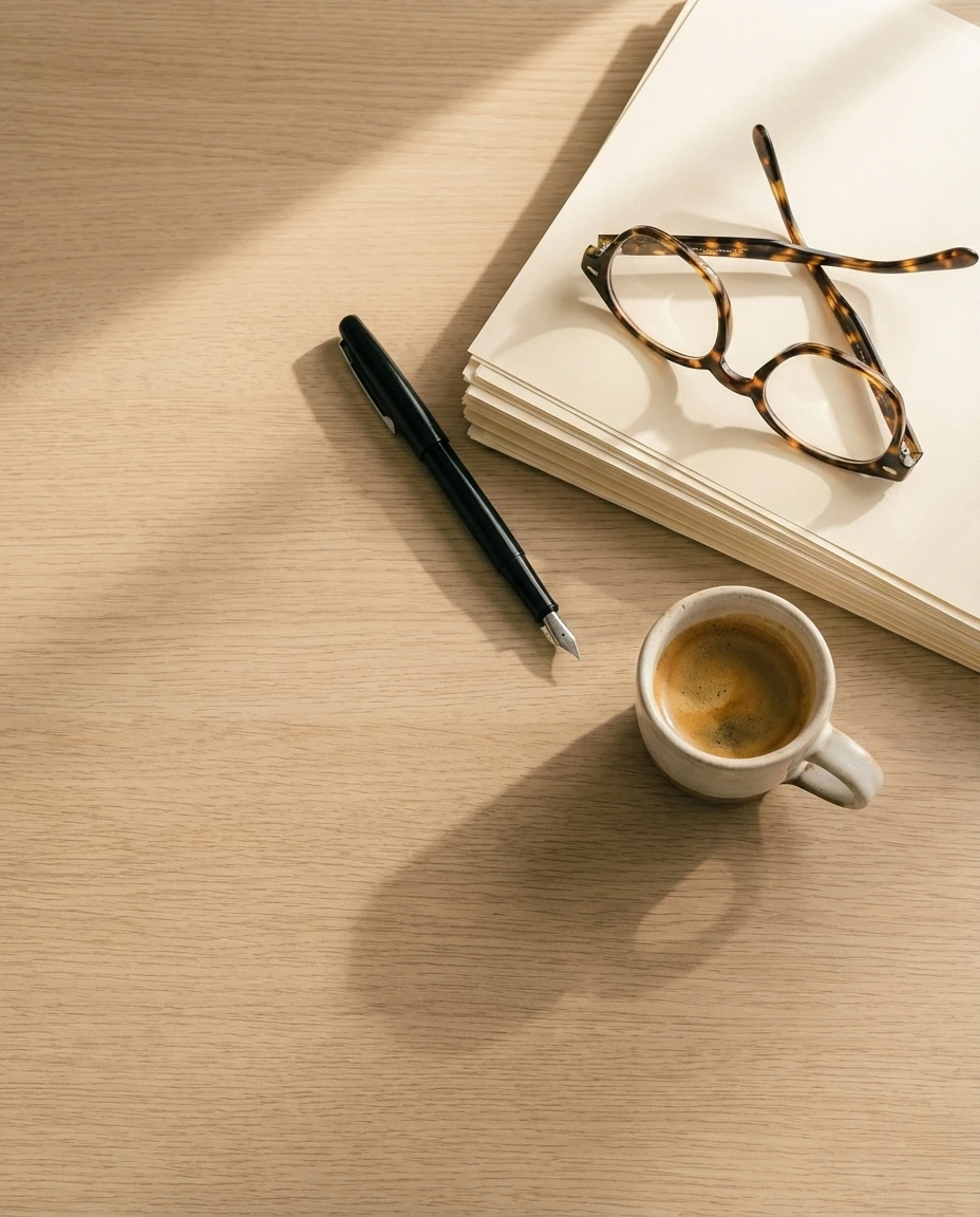 Scrivania professionale con penna, occhiali, documenti e caffè espresso — consulenza legale in materia di separazione e divorzio