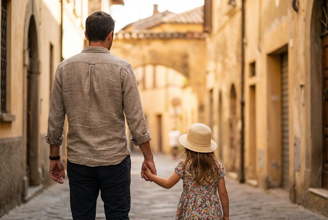 Padre e figlia camminano mano nella mano in un vicolo italiano