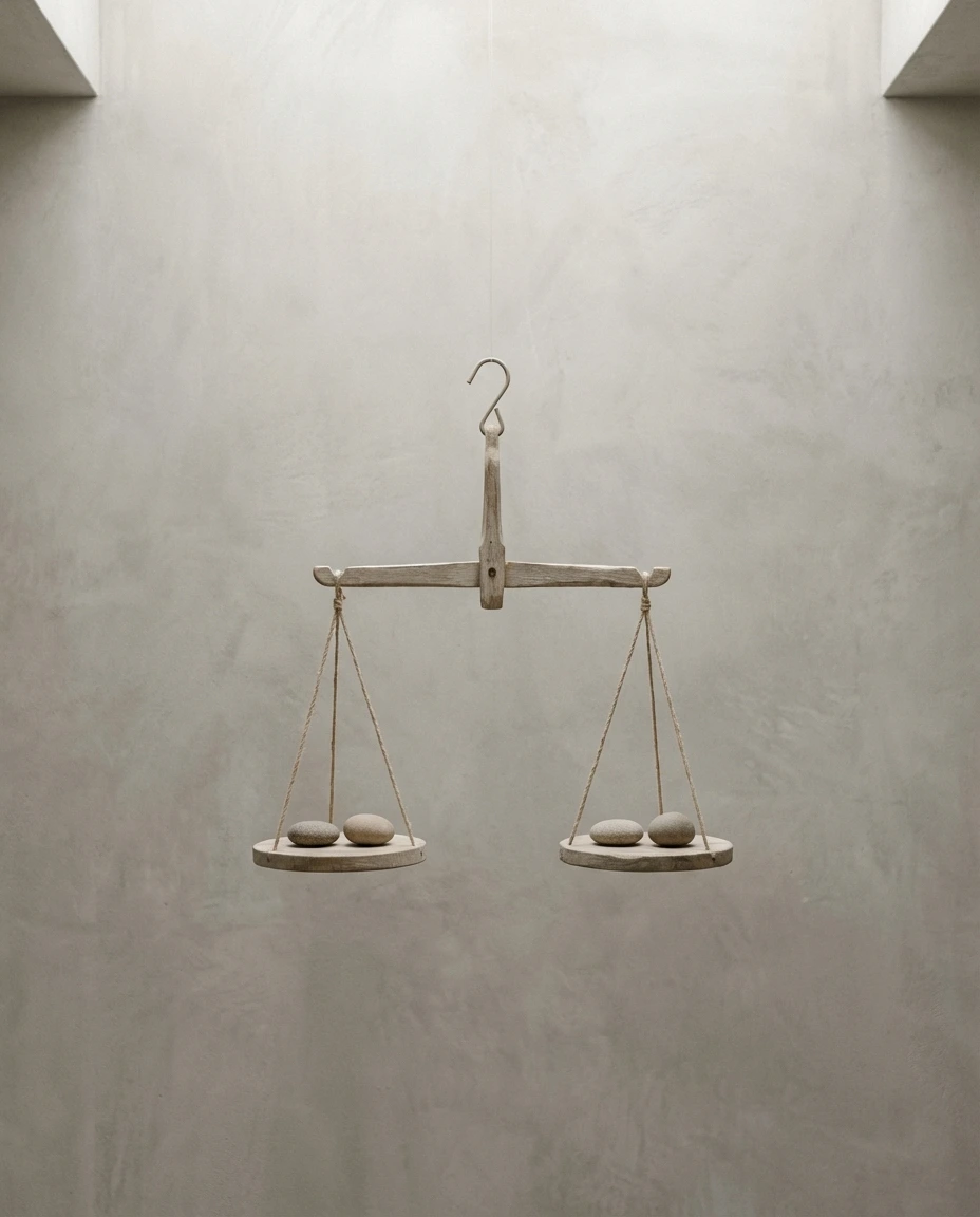 Bilancia in legno in equilibrio perfetto con due pietre uguali sui piatti, simbolo del principio di bigenitorialità e del collocamento paritario