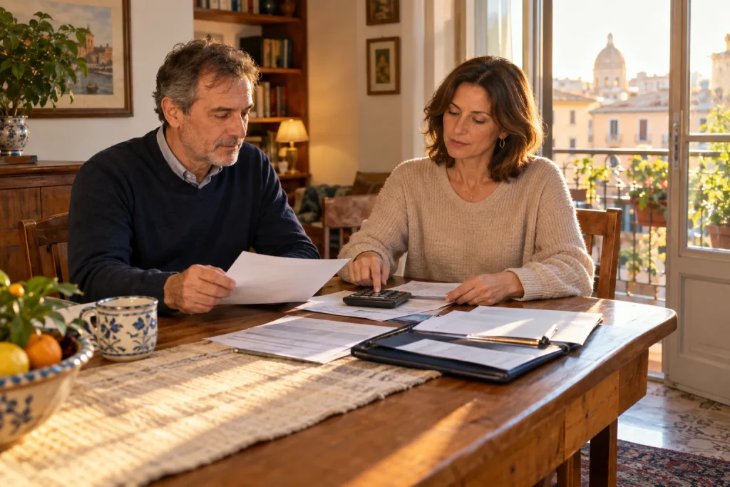 Una coppia esamina documenti e fa i conti con una calcolatrice al tavolo di casa