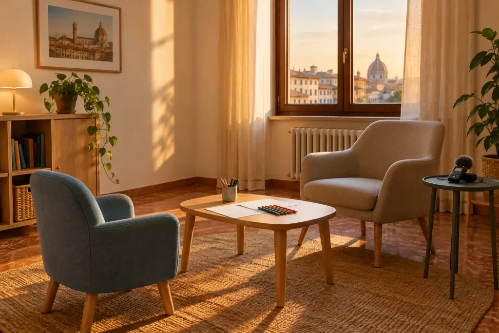 Ambiente riservato per l’ascolto dei minori, con poltrone, fogli e matite colorate
