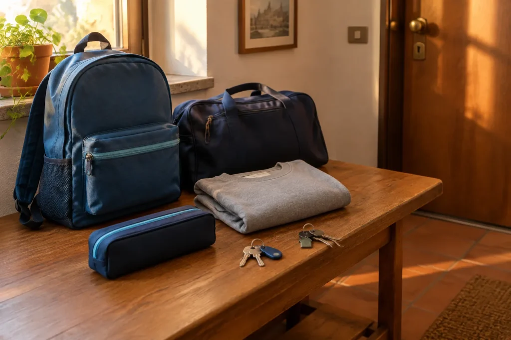 Zaino scolastico, borsa e abiti preparati su un tavolo vicino alla porta di casa