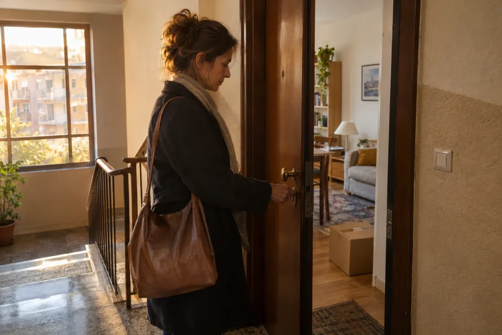 Donna sulla soglia di casa con uno scatolone da trasloco all’interno