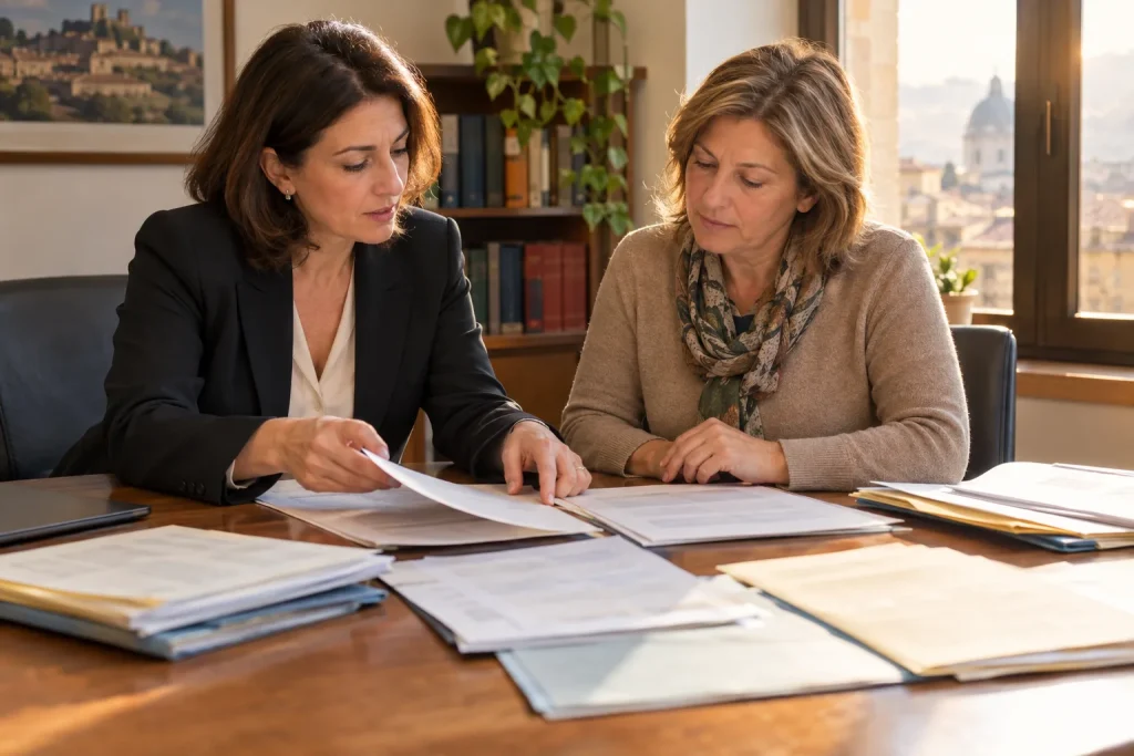 Due donne esaminano documenti durante una consulenza in studio